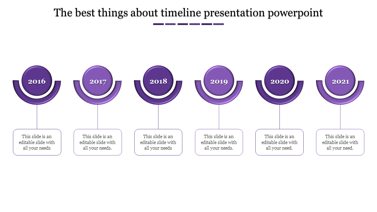 Timeline presentation template with purple year markers from 2016 to 2021, featuring text placeholders.