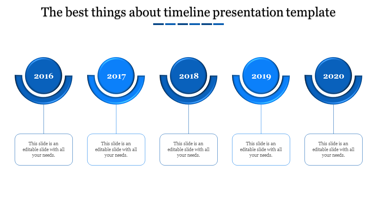 Timeline with five blue gradient circular year markers, arranged sequentially and connected to text areas below.