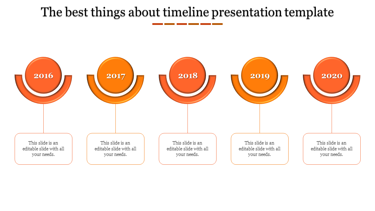 Timeline template with five circular orange markers and curved elements, representing years 2016 to 2020.