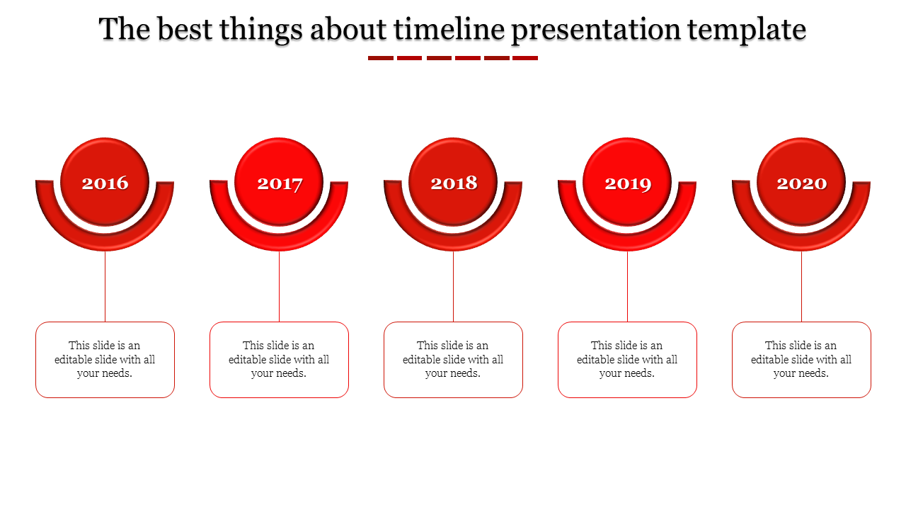 Timeline PowerPoint slide featuring red circular icons and year markers from 2016 to 2020, with descriptions.