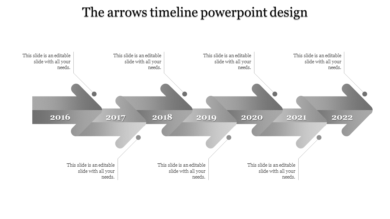 Flat timeline infographic featuring connected grayscale arrows representing years 2016 to 2022 with caption areas.