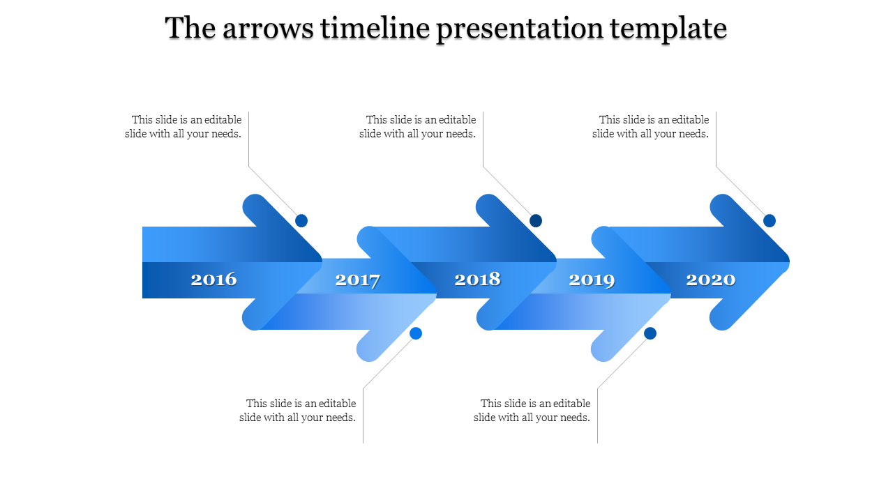 Blue gradient arrows timeline presentation template from 2016 to 2020 with caption fields.