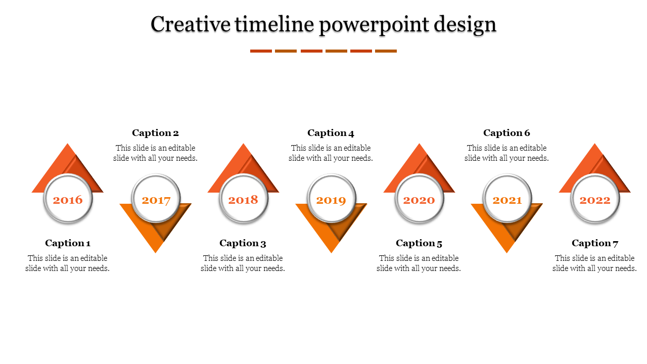 Timeline with a geometric layout, featuring seven milestone is represented by an orange triangle and a white circular label.