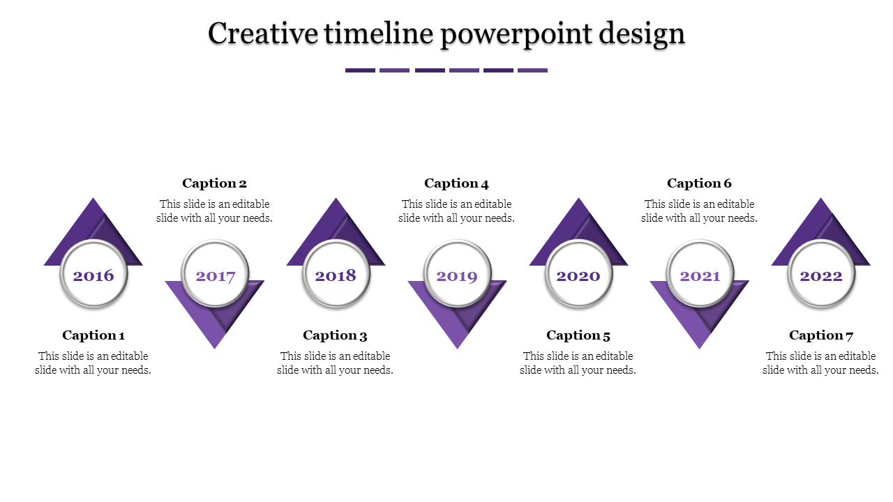 Horizontal timeline with seven purple triangular markers, each enclosing a circular year label and with caption areas.