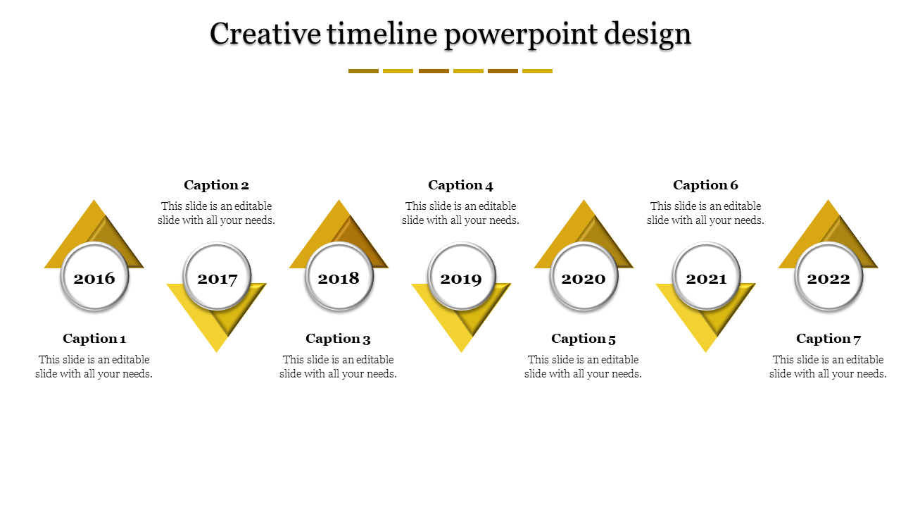 Yellow timeline with seven circular markers and alternating triangle backgrounds, each showing a year and captions.