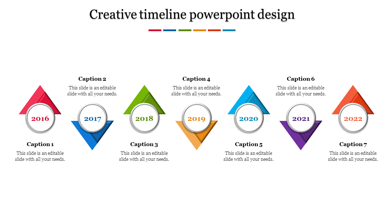 Creative timeline design featuring seven color-coded triangular milestones with circular year labels from 2016 to 2022.