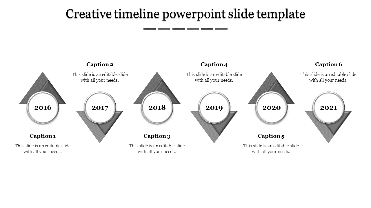 Timeline with six gray triangles and white circles, marking yearly milestones from 2016 to 2021, with text descriptions.