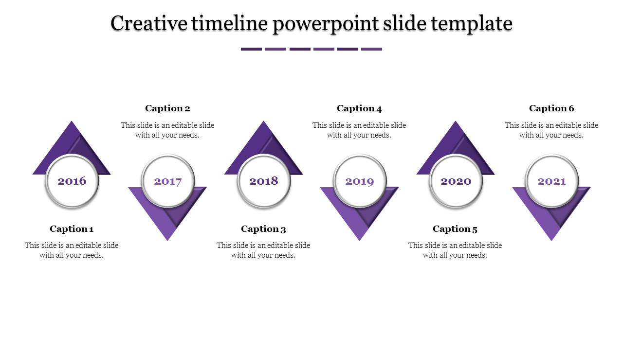 Timeline layout with six purple triangles and round year markers, alternating in position with captions.