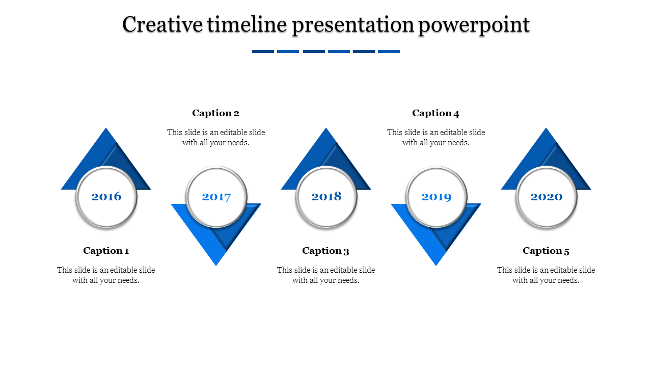 Blue themed timeline featuring five triangular milestones with year labels from 2016 to 2020 each with a caption areas.