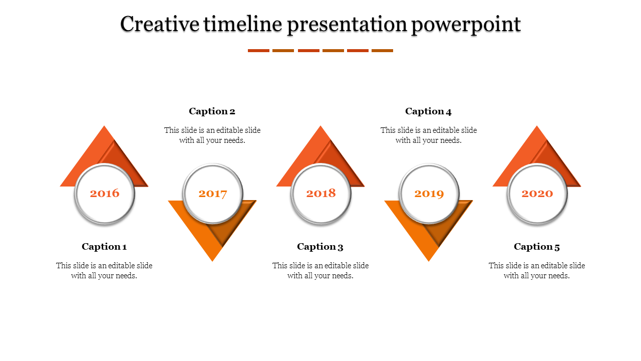 Timeline infographic with five orange triangular markers, each containing a circular year label from 2016 to 2020.