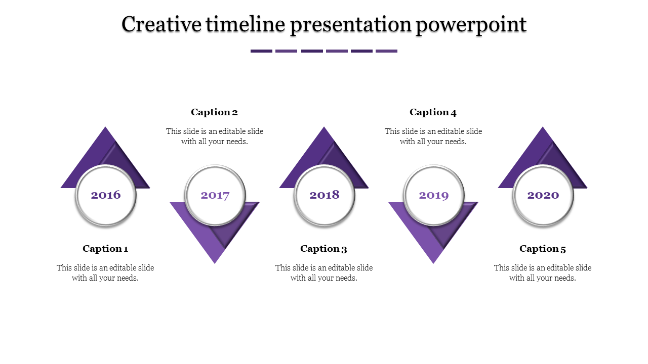 Creative timeline PowerPoint template with purple color triangular markers from 2016 to 2020 with captions.