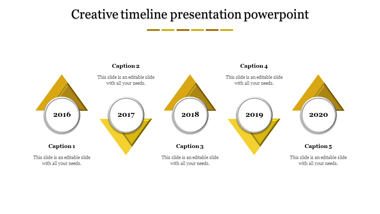 Modern timeline template with five yellow triangular elements, each containing a circular year marker from 2016 to 2020.