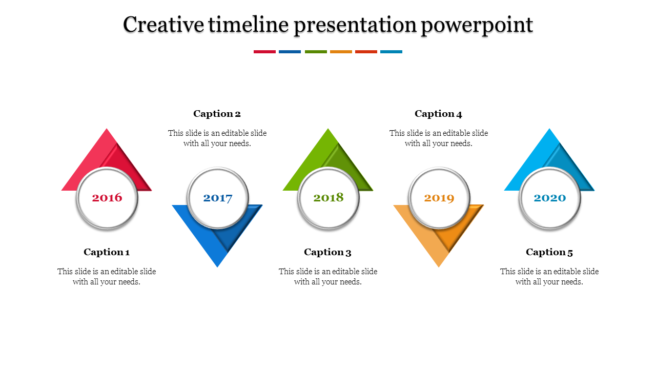 Creative timeline PowerPoint template with colorful triangular markers from 2016 to 2020 with captions.