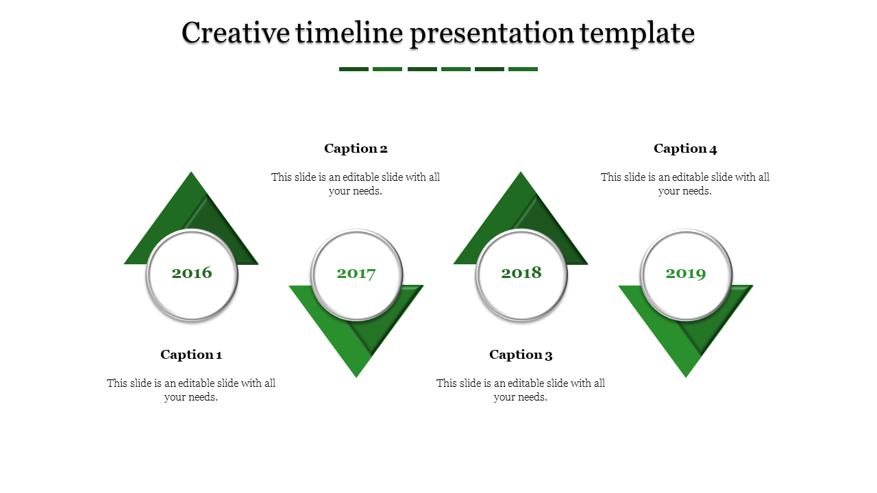 Creative PPT timeline design with green triangular markers for the years 2016 to 2019 with captions and placeholder text.