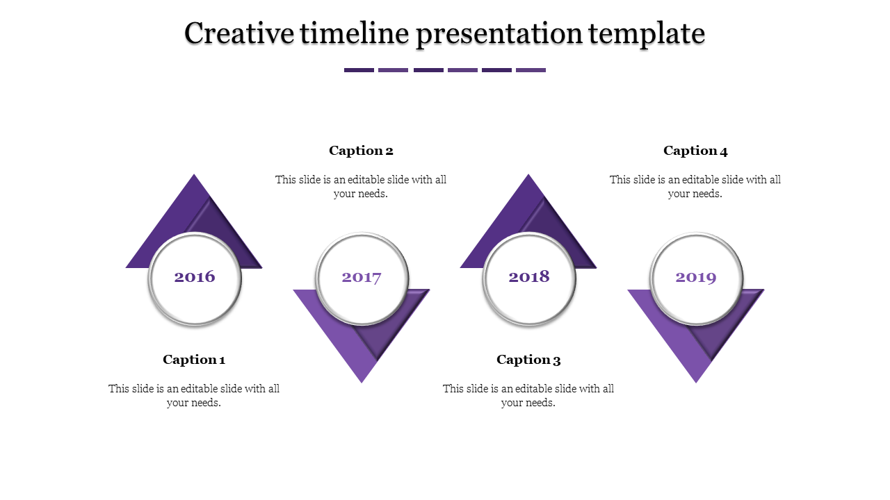 Purple timeline with four triangular markers, each containing a year label from 2016 to 2019, arranged in a zigzag layout.
