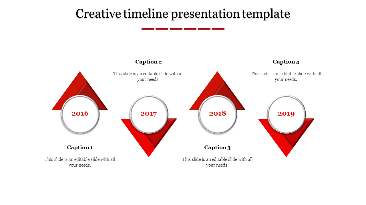Creative PPT timeline design with red triangular markers for the years 2016 to 2019 with captions and placeholder text.