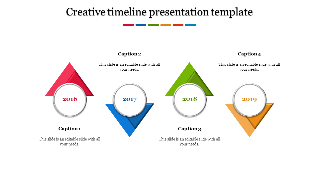 Horizontal timeline with four color-coded triangular markers, each enclosing a circular year label and caption areas.
