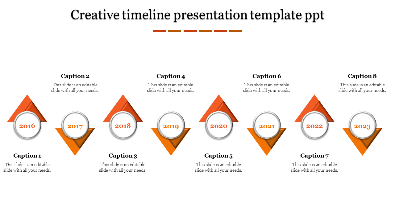 Creative PowerPoint timeline slide with orange triangular markers from 2016 to 2023 with captions.
