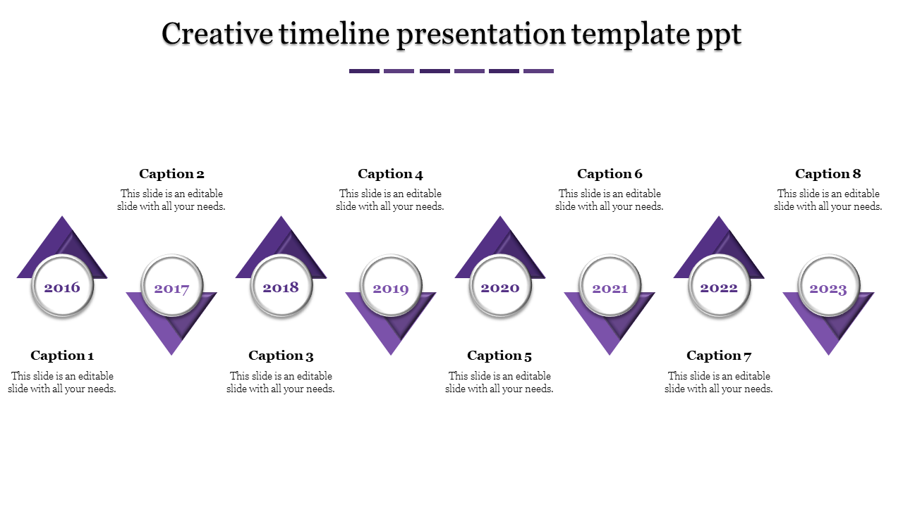 Creative timeline with eight purple triangular markers, each highlighting a year from 2016 to 2023.