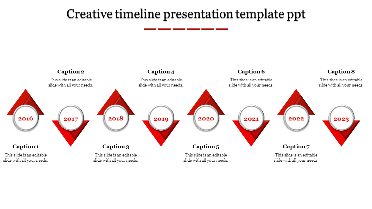 Red themed timeline featuring eight triangular milestones with circular year labels from 2016 to 2023.
