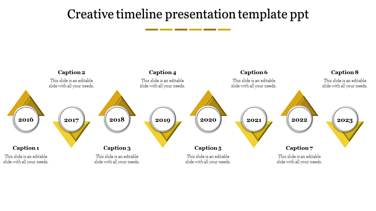 Creative PowerPoint timeline slide with yellow triangular markers from 2016 to 2023 with captions.