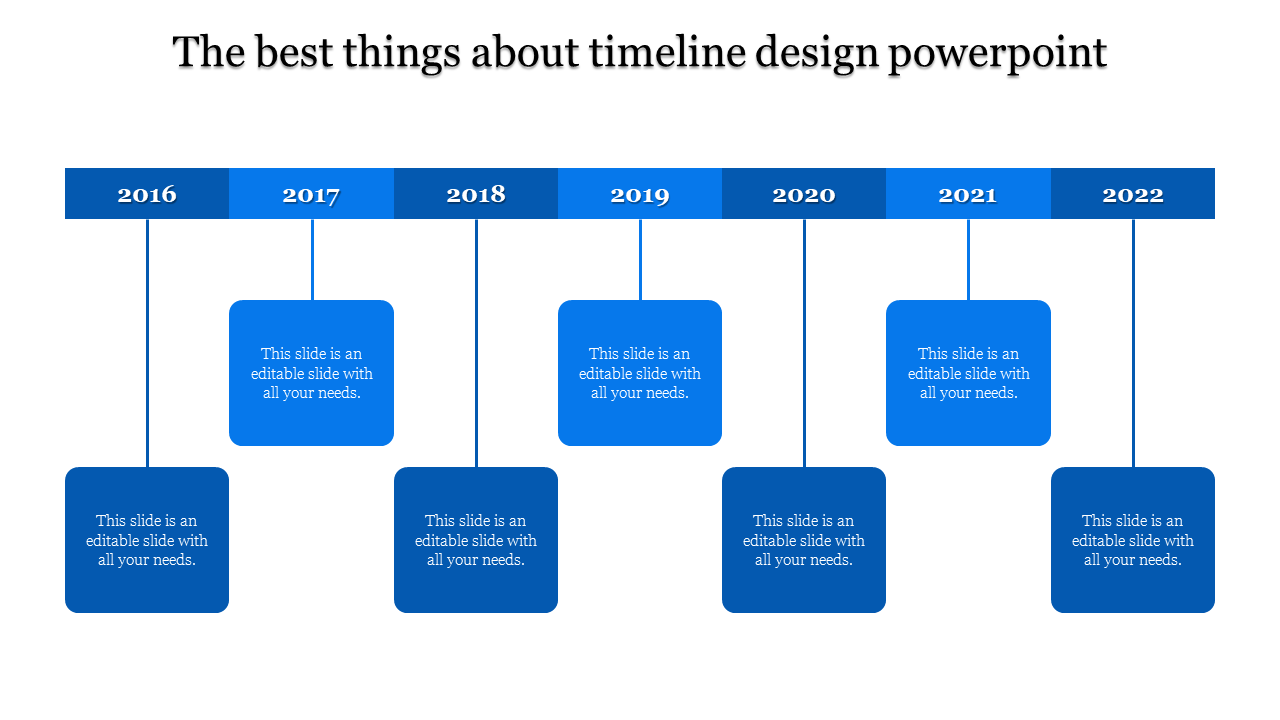 Horizontal timeline with years 2016 to 2022 in blue rectangles, each connected to a placeholder text box below.