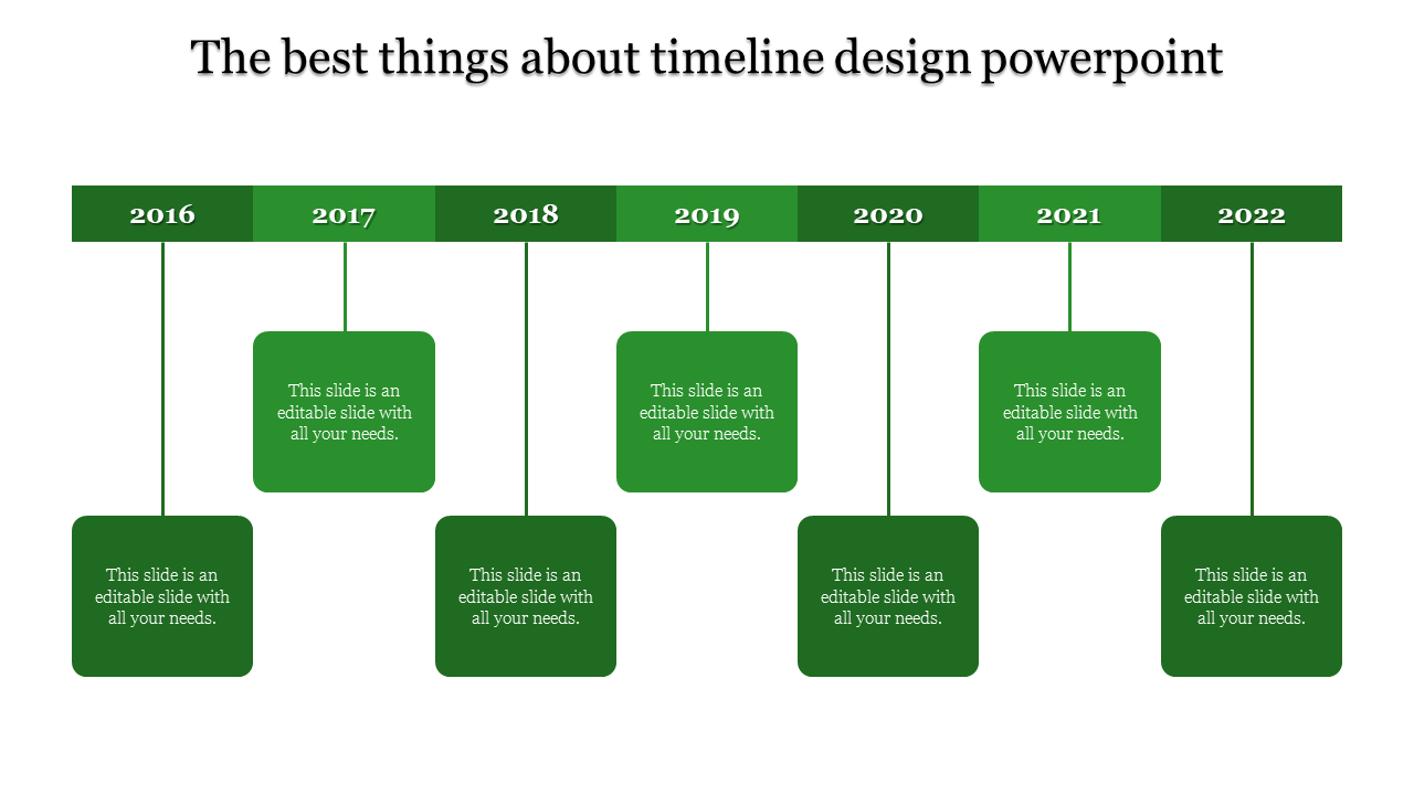 Green themed timeline featuring a horizontal bar with years 2016 to 2022, each connected to green square sections.