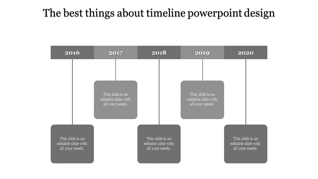 Grayscale horizontal timeline from 2016 to 2020, with hanging milestone boxes connected by thin vertical lines.