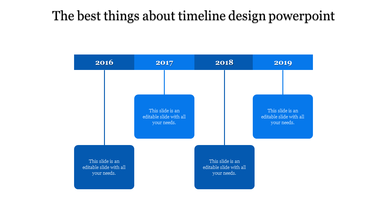 Timeline PowerPoint slide with blue blocks for 2016 to 2019, labeled with years and captions.