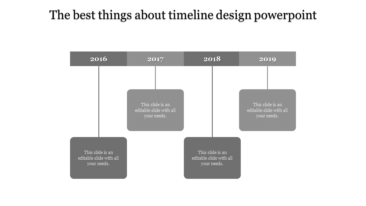 Grayscale timeline design with a clean layout, featuring four milestone markers, and hanging text descriptions.