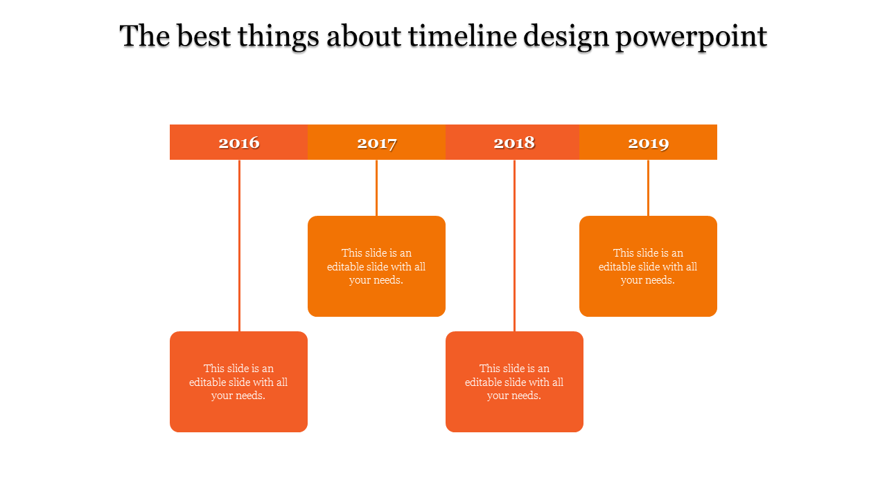 Timeline PowerPoint slide with orange blocks for 2016 to 2019, labeled with years and captions.
