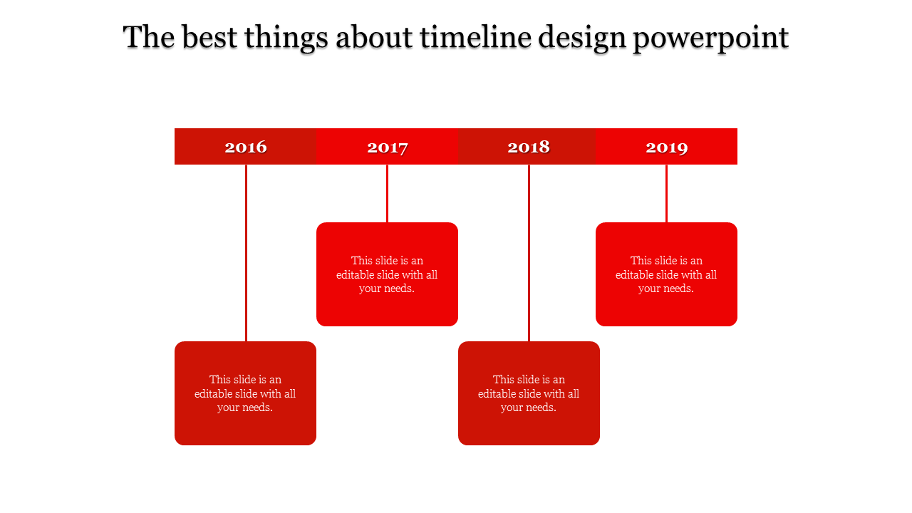 Red themed timeline featuring a horizontal bar with years 2016 to 2019, each connected to red square sections for captions.