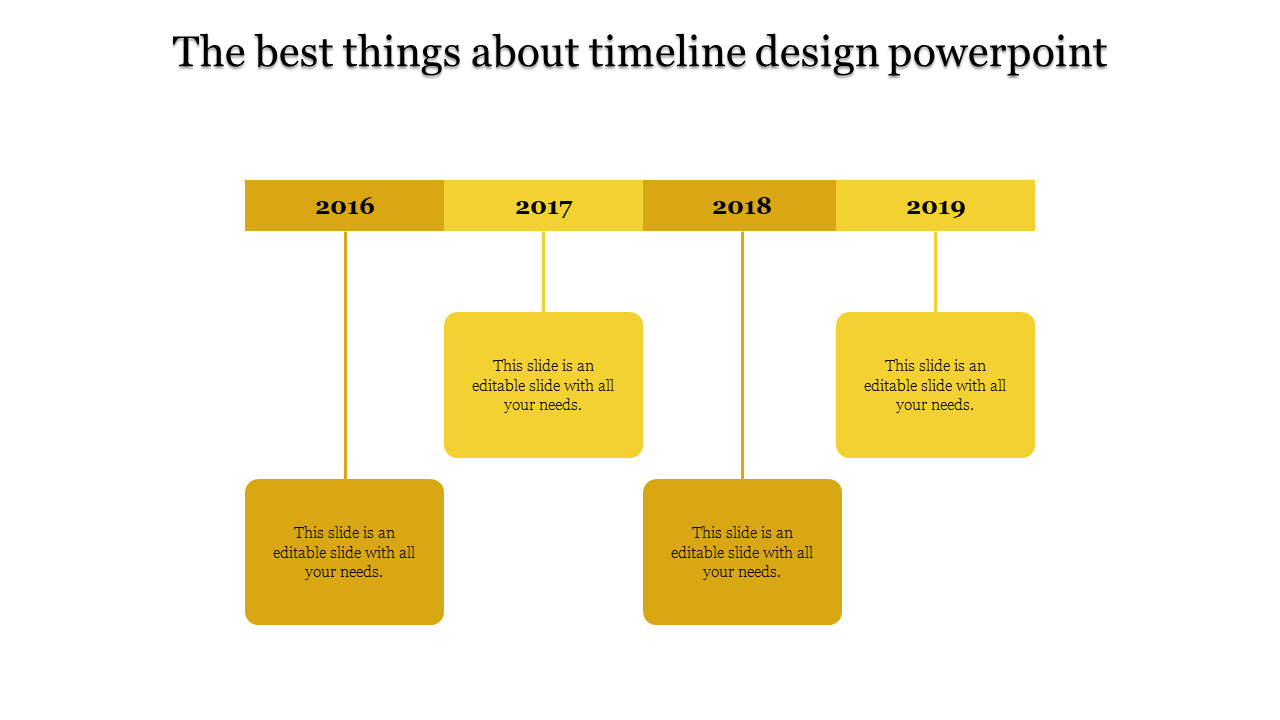 Timeline PowerPoint slide with yellow blocks for 2016 to 2019, labeled with years and captions.