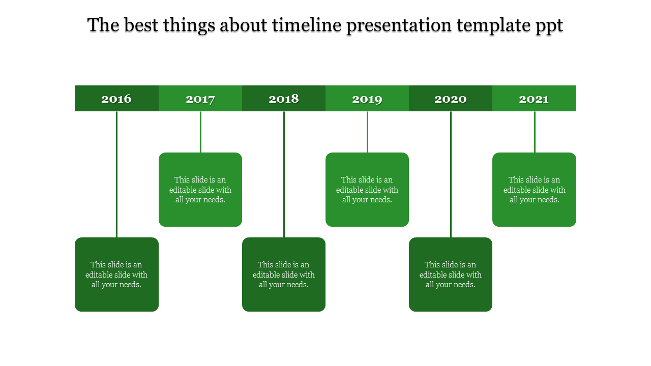 Minimalist timeline with a green banner labeled from 2016 to 2021, each linked to green square placeholder text areas.
