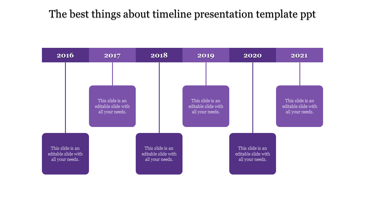 Purple themed timeline with six milestone years at the top and connected rectangular text boxes below.