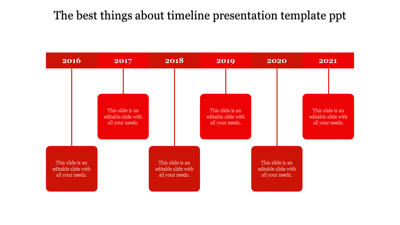 Red horizontal timeline with years 2016 to 2021 in rectangular labels, each linked to red square text boxes.