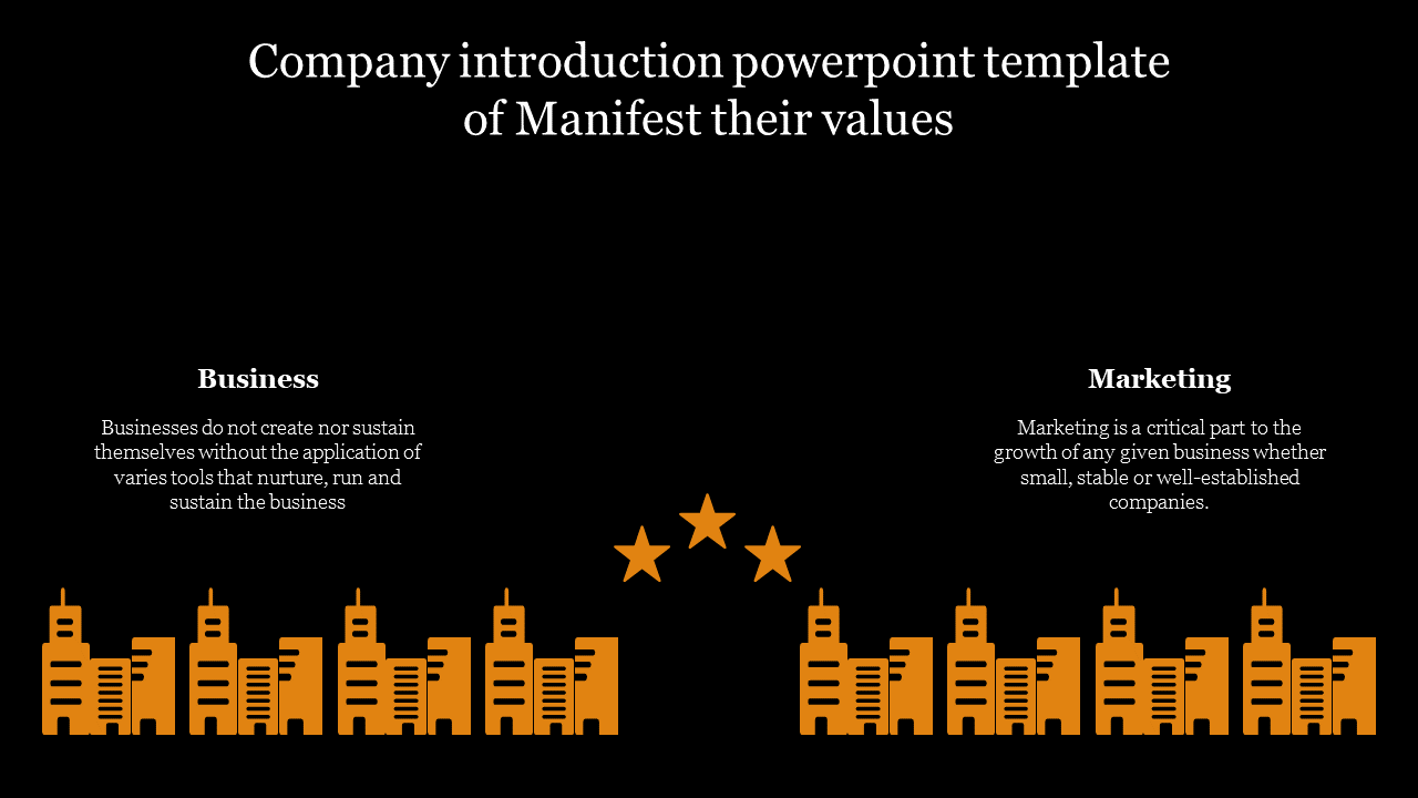 A dark theme, an orange building silhouette at the bottom, three stars, and text explaining business and marketing values.