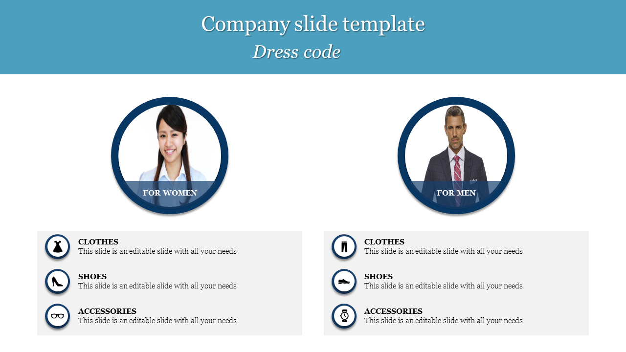 Company dress code template with circular images of a woman and a man, each labeled with attire categories below.