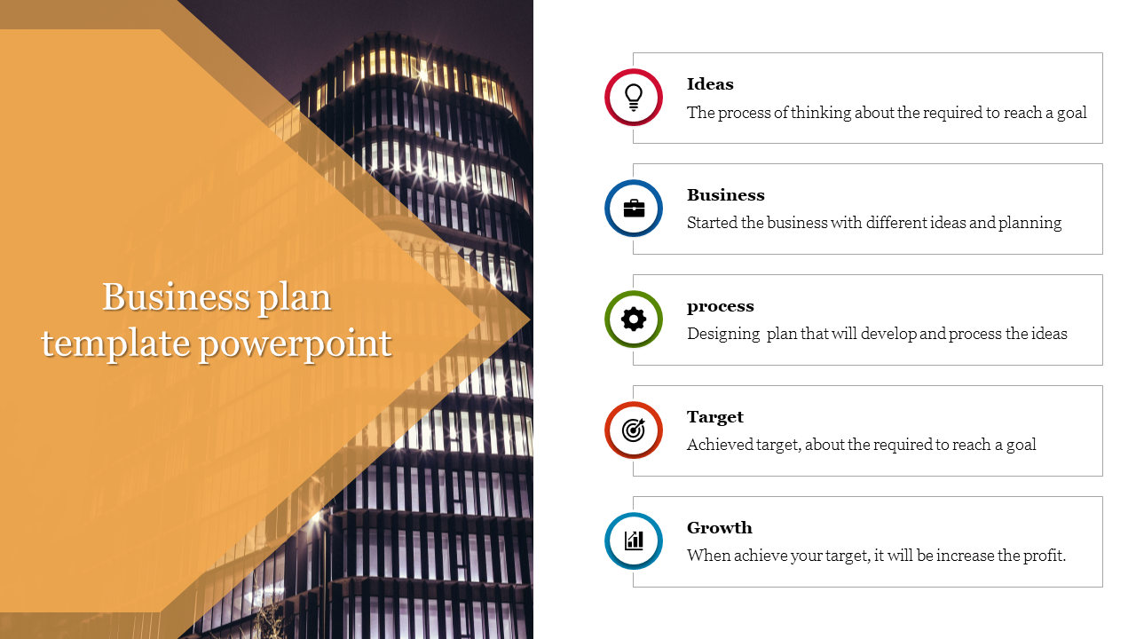 Business slide featuring a dark building image with an orange triangular overlay, and five colorful circular icons.