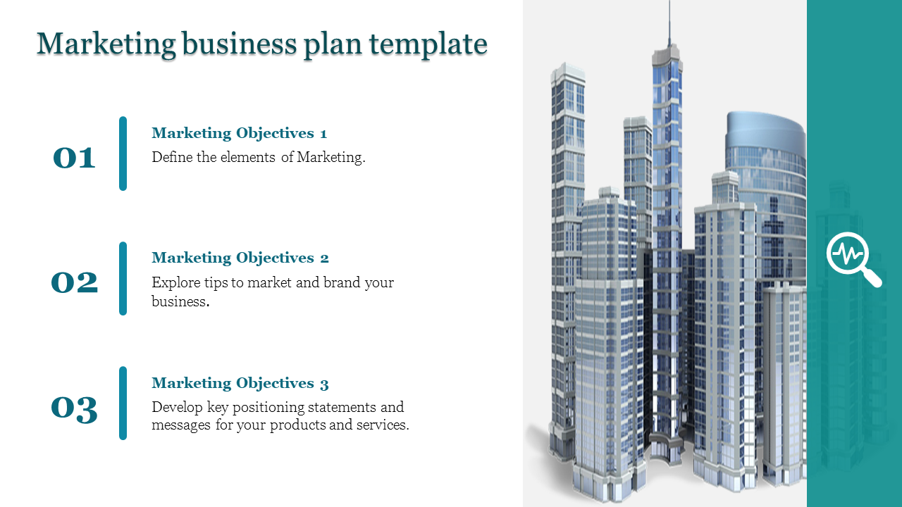 Business template with skyscraper images on the right and three numbered marketing objectives and a teal sidebar.