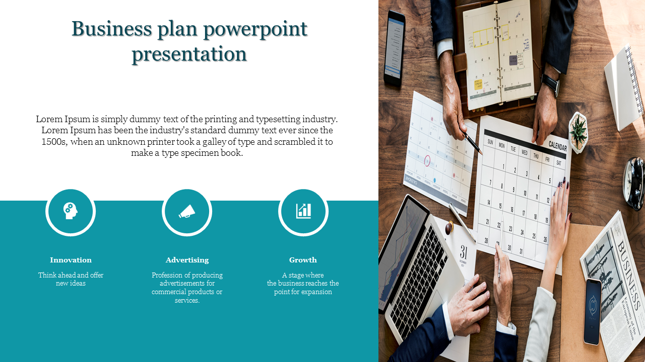 Flat lay of business planners, calendar, and gadgets on a wooden desk with three teal icons and white text.
