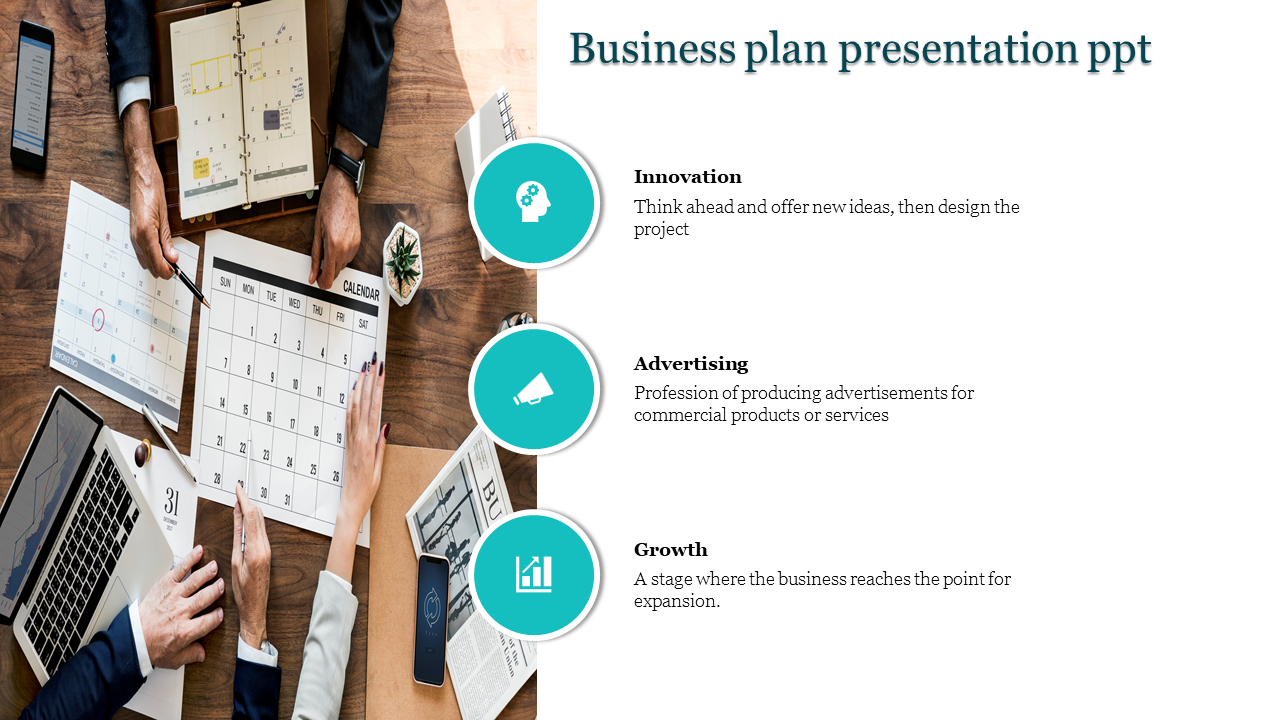 Overhead view of a business planning session with a calendar, laptop, and notes, paired with three teal icons and text.
