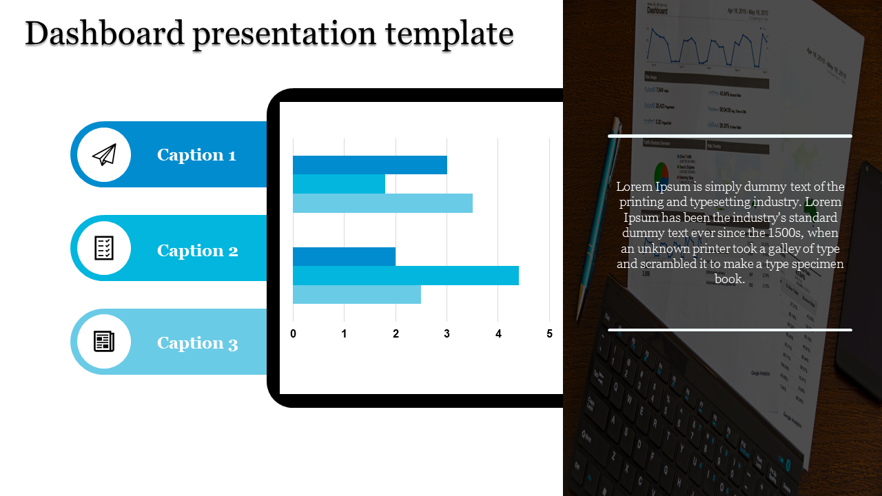 Dashboard slide with three blue icons and captions paired with a bar chart on a tablet screen, and a desk setup on the right.