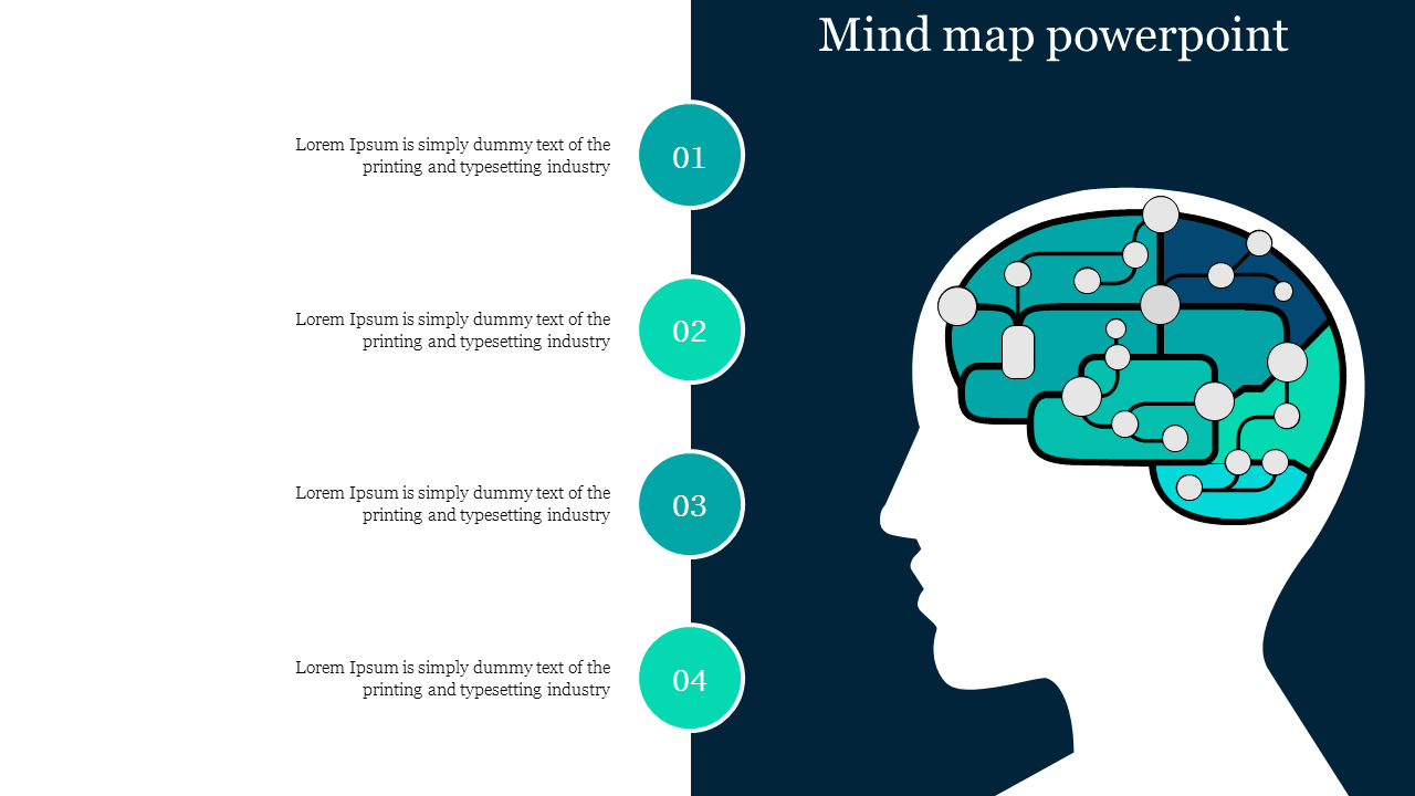 Mind map PowerPoint template with a brain illustration and four numbered points for text.