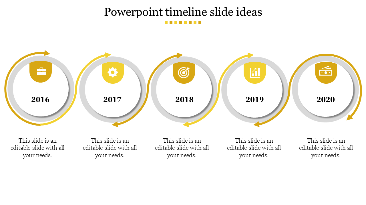 Timeline with five yellow and gray circular icons, each containing a year and corresponding symbol, arranged horizontally.