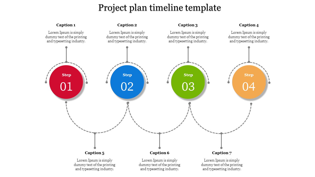 Horizontal project timeline with steps in red, blue, green, and orange, featuring curved connectors and caption boxes.