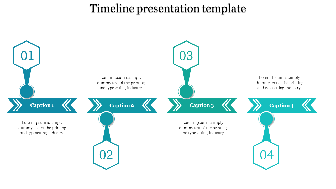 Timeline slide featuring teal hexagonal markers labeled 01 to 04, with captions and arrows for sequential events.