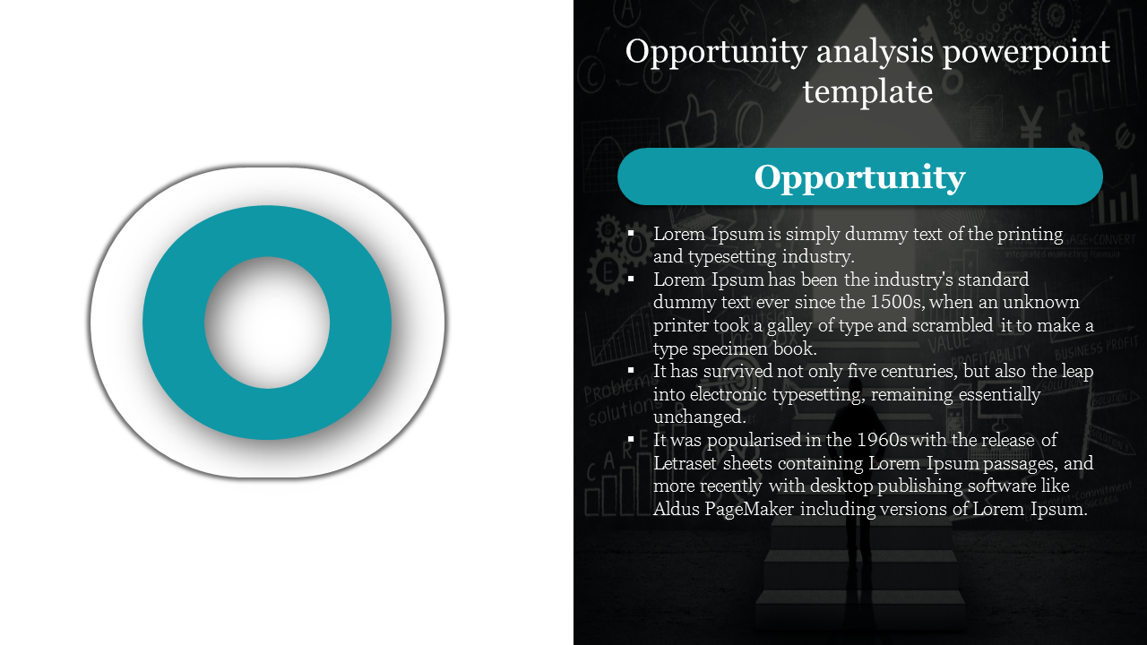 Teal colored circular design paired with an opportunity themed text box on a blackboard style background with icons.
