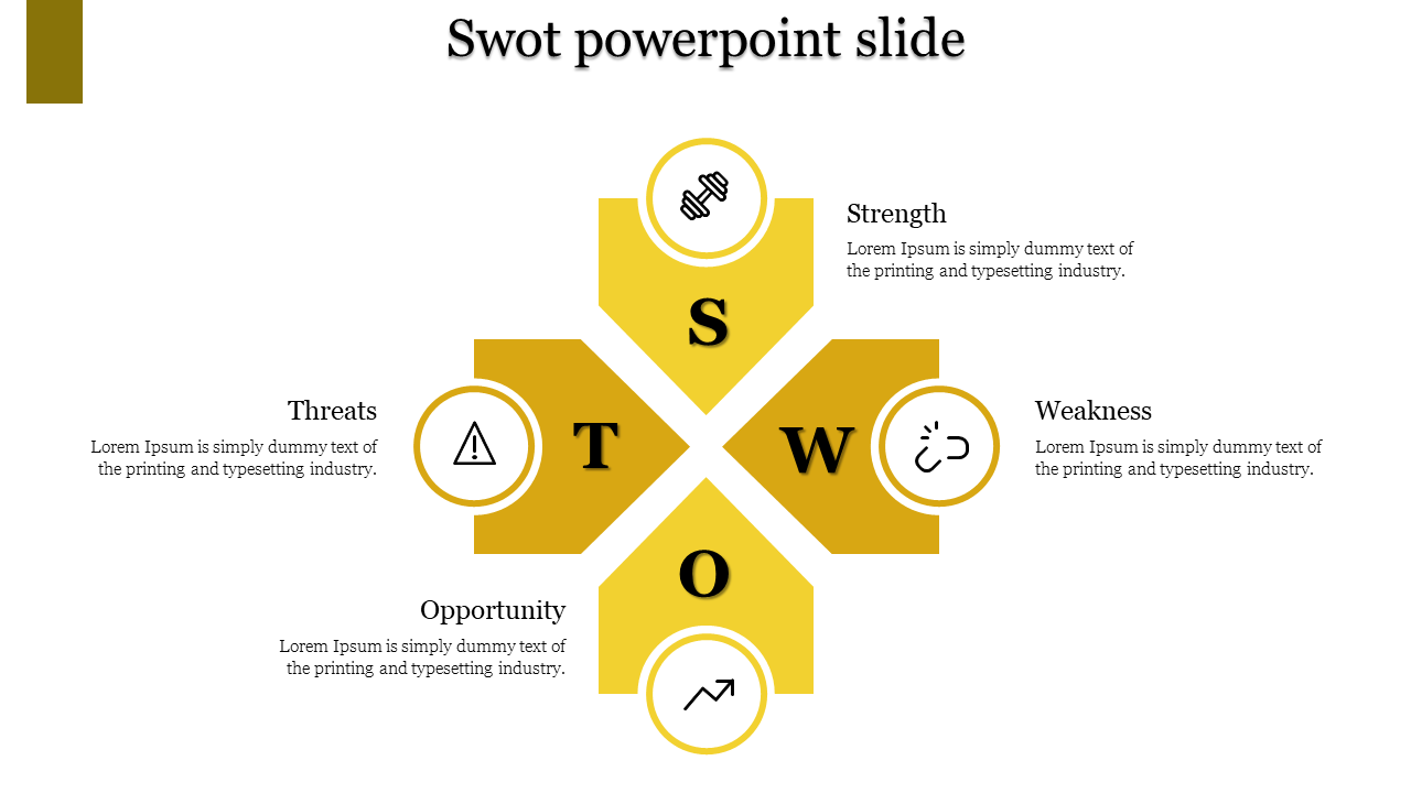 Business SWOT analysis slide with a geometric cross design, white text, and icons representing key factors.