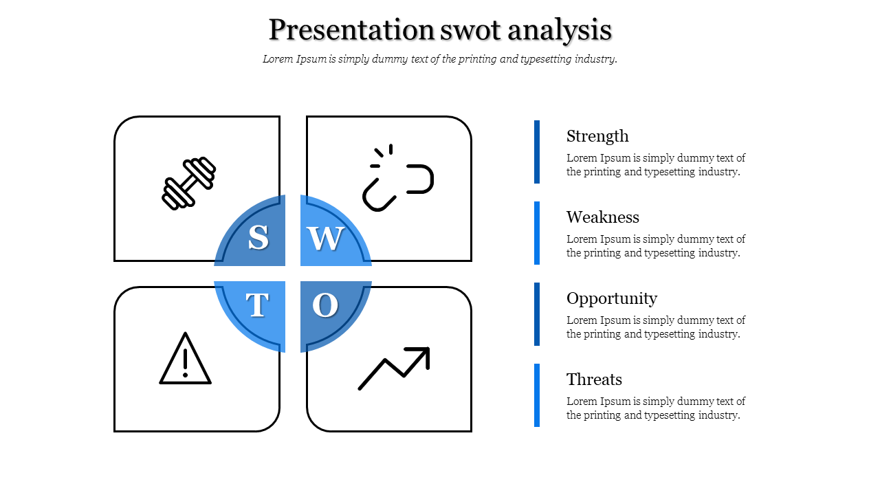 SWOT analysis diagram with a blue circular center dividing four black-outlined quadrants, each containing an icon.